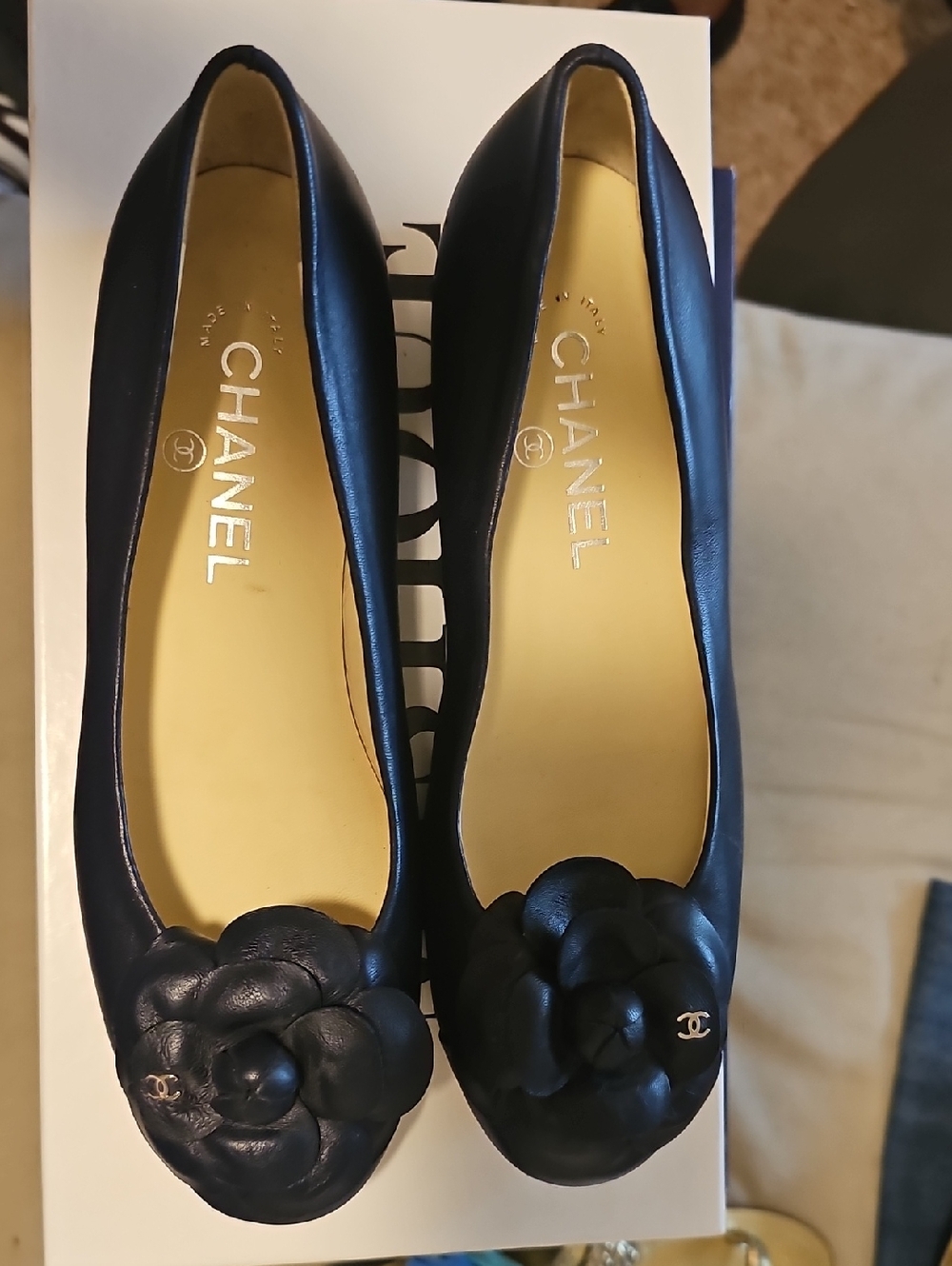 CHANEL Black Leather Camellia Flat Ballet Shoes